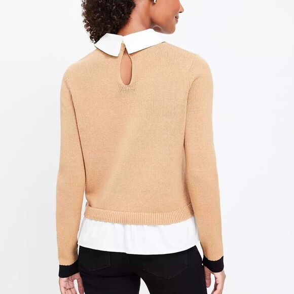 Loft Poplin Layered Mixed Media Sweater Size S neutral tan white - Picture 2 of 11